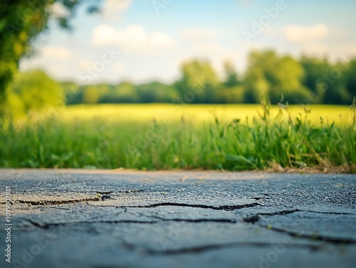 Here's a description for your image, following your specifications


 Sunlit cracked path foreground, lush green field and trees background. photo