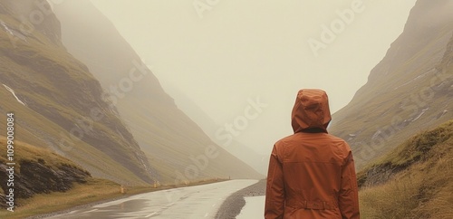  person in orange raincoat stands on road looking into misty mountain valley. Mountain  walk, tourism.   For travel blogs, websites, or articles related to hiking, adventure, or exploring outdoors. photo