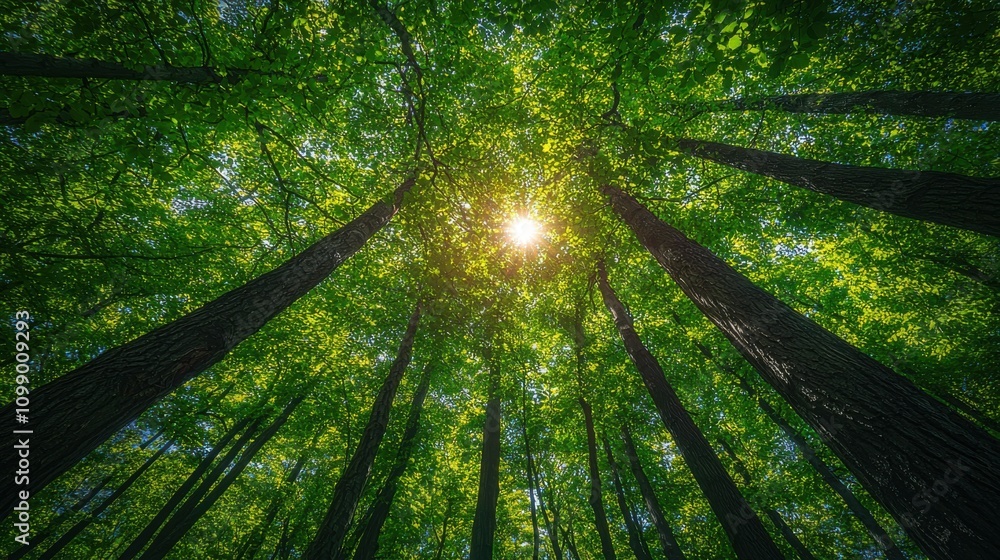 Fototapeta premium Sunlit Canopy Lush Green Forest Tall Trees Nature
