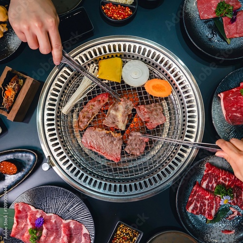 Grilling Meat with Friends in a Circular Grill Setup