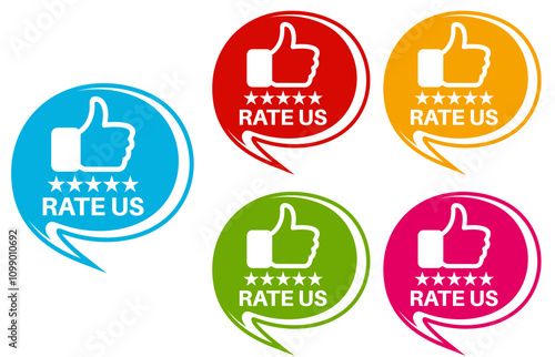 set rate us icon. Five stars product rating review symbol thumb up sign sticker social media label template design vector illustration