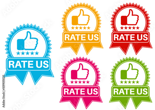 set rate us icon. Five stars product rating review symbol thumb up sign sticker social media label template design vector illustration