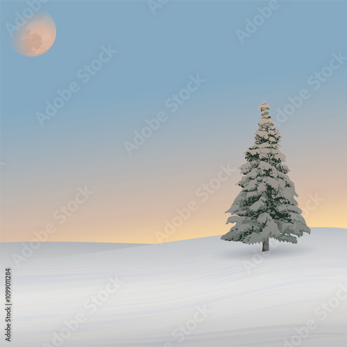 Minimalist sunset snowscape with silhouette lonely pine tree have moon on vanilla sky square background graphic illustration.