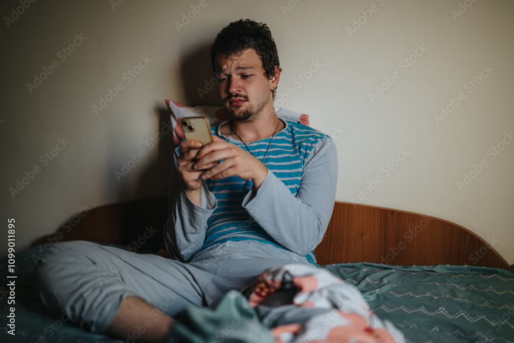 Fototapeta premium A young man in casual pajamas sits on his bed with a smart phone in hand, appearing thoughtful. The setting suggests a relaxed morning or evening routine.