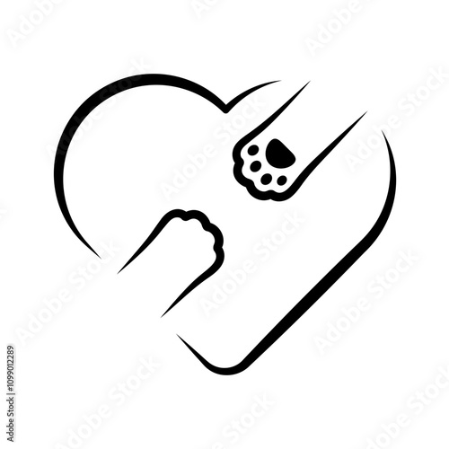 A minimalist line art illustration of a cat paw and a human hand intertwined within a heart. Perfect for cat lovers looking for a simple yet meaningful design. Ideal for logos, tattoos, stickers