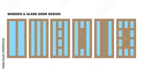 Vector illustration of a set of wooden and glass panel door designs in various variations