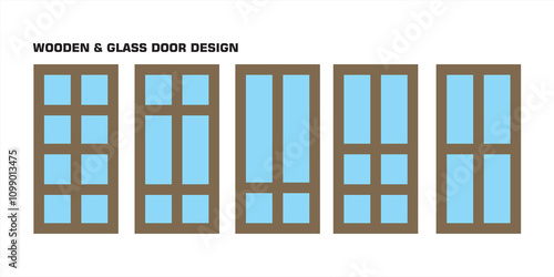 Vector illustration of a set of wooden and glass panel door designs in various variations