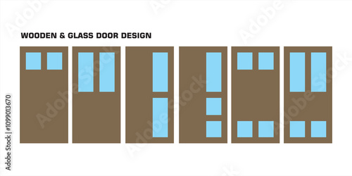 Vector illustration of a set of wooden and glass panel door designs in various variations