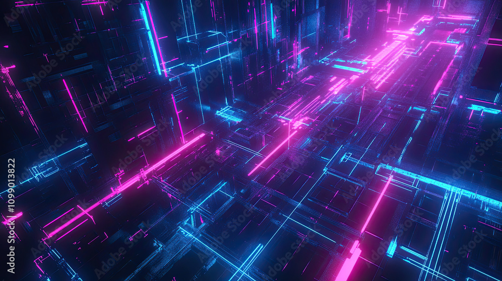 Fototapeta premium Abstract background with dynamic fractal waves and glowing grid patterns, blending digital textures and energy lines in a futuristic design, perfect for technology and cyberspace concepts