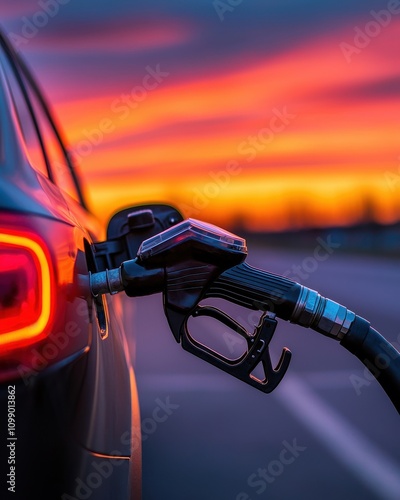 A car refueling at sunset, with a vibrant sky backdrop and a fuel nozzle in focus, highlighting the theme of energy and transportation.