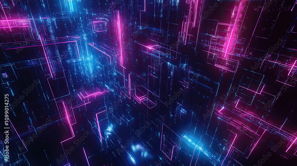 Obraz premium Abstract background with dynamic fractal waves and glowing grid patterns, blending digital textures and energy lines in a futuristic design, perfect for technology and cyberspace concepts