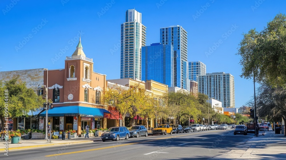 Obraz premium Vibrant Urban Scene with Historic Buildings and Modern Skyscrapers
