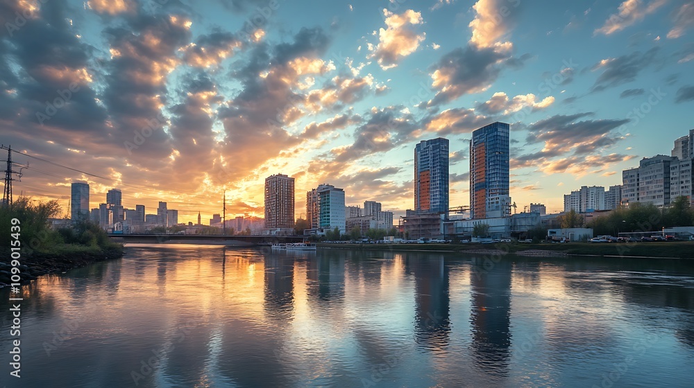 Fototapeta premium Cityscape Sunset Reflection