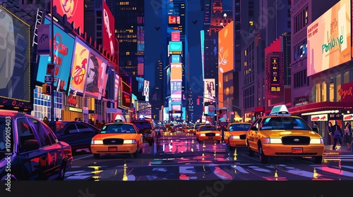 A cartoon-style illustration of Times Square in New York City at night.