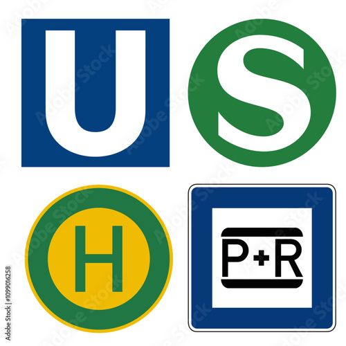Deutsche Symbole des öffentlichen Personen Nahverkehrs. U-Bahn, S-Bahn, Bushaltestelle und Park & Ride
