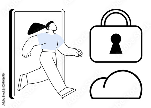 Woman stepping out of phone, padlock with keyhole, and cloud icon. Ideal for digital security, online privacy, data protection, cloud computing, technology freedom, user autonomy and internet safety