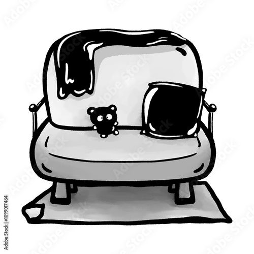 armchair with scarf on top, cushion and plush illustration, monochromatic drawing