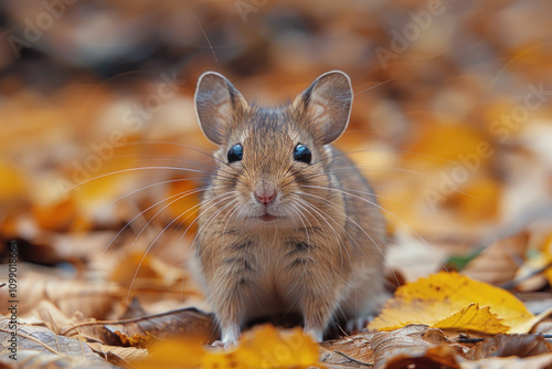 a small mouse sitting on the ground covered with fallen autumn leaves.  
