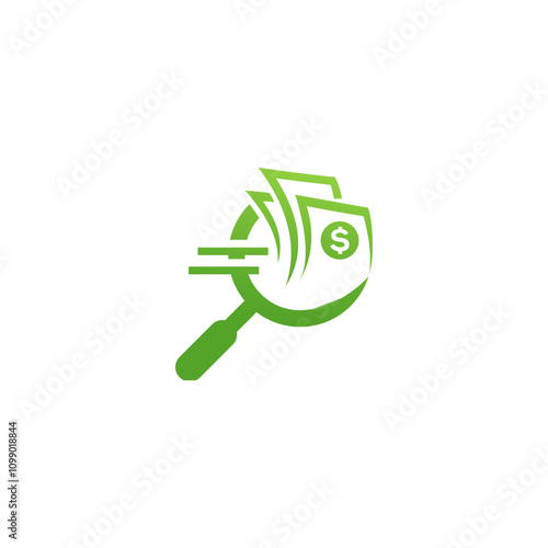 A green magnifying glass with a dollar bill inside, symbolizing financial analysis, investigation, and scrutiny