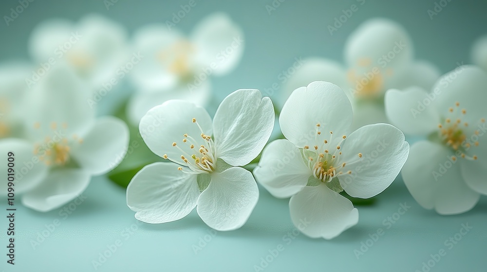 Fototapeta premium Delicate White Blossoms Resting on a Soft Blue Background