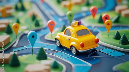 14.A playful 3D render of a bright yellow cartoon car driving along a digital route, with colorful pins marking key locations. The carâ€™s rounded, whimsical design and glossy finish create a fun and photo