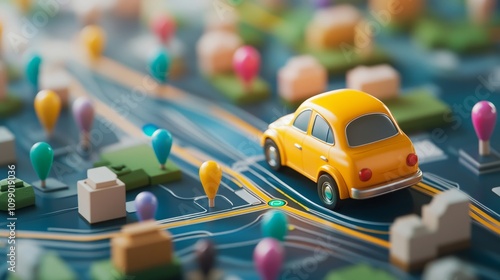 14.A playful 3D render of a bright yellow cartoon car driving along a digital route, with colorful pins marking key locations. The carâ€™s rounded, whimsical design and glossy finish create a fun and photo