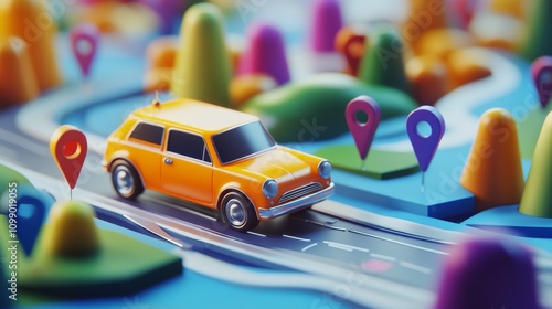 14.A playful 3D render of a bright yellow cartoon car driving along a digital route, with colorful pins marking key locations. The carâ€™s rounded, whimsical design and glossy finish create a fun and photo