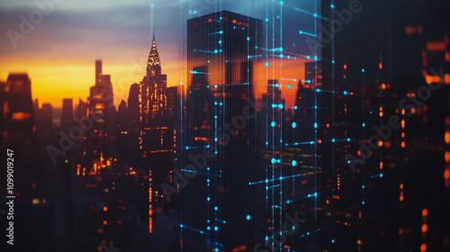 Wallpaper Mural Smart digital Innovation city with connection network reciprocity over the sunset cityscape. of future wireless digital city and social media networking systems that connects people with in city Torontodigital.ca