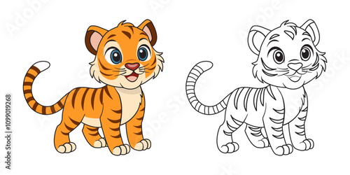 Coloring page for kids cute baby tiger cub. Vector illustration hand-drawn isolated on a white background.