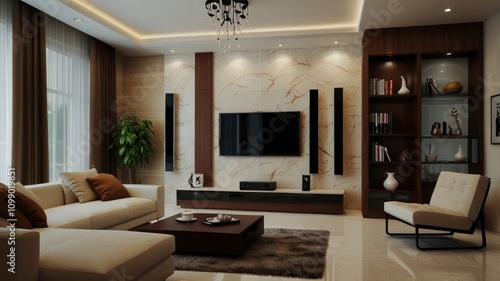 Wallpaper Mural Modern living room interior with beige sofa, TV, bookcase, and marble wall. Torontodigital.ca