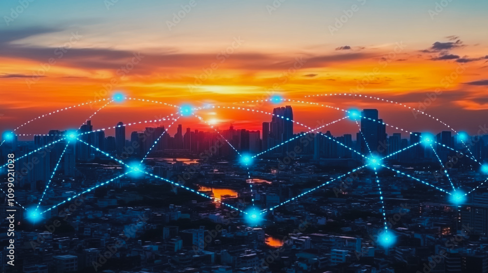Fototapeta premium Smart digital Innovation city with connection network reciprocity over the sunset cityscape. of future wireless digital city and social media networking systems that connects people with in city