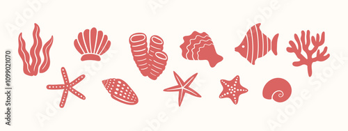 Underwater vector illustration of coral polyps, mollusks, starfish, shell, clam, fish, oyster, and seaweed. Aquatic hand drawn icon set. Cute ocean wildlife illustration