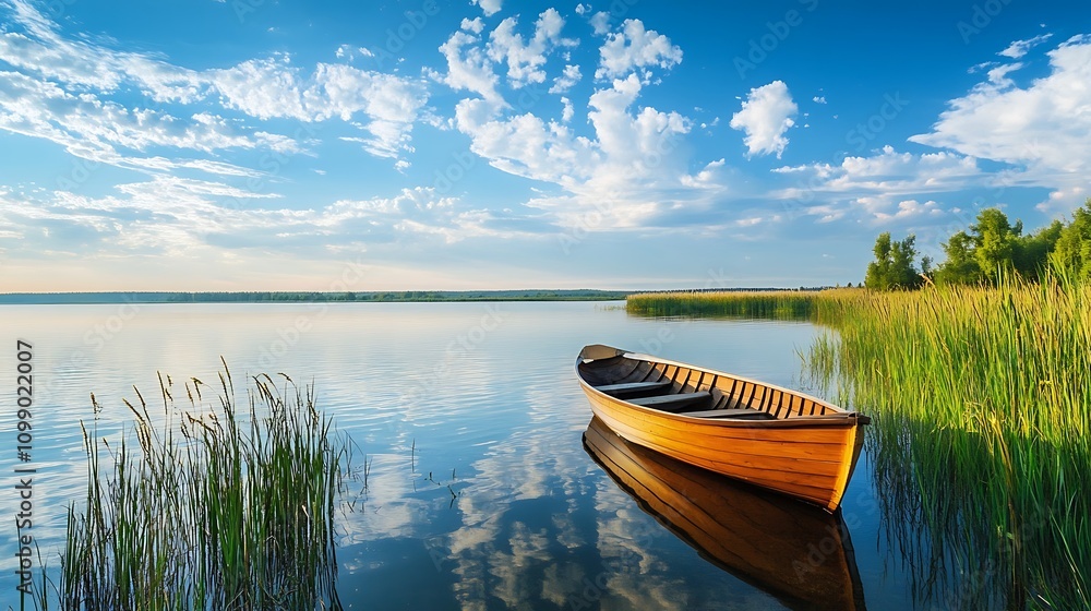 Fototapeta premium Wooden Rowboat on Calm Lake at Sunrise