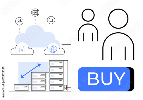 Data servers connected to cloud system with security and global access icons, two user figures, and a blue BUY button. Ideal for IT services, online storage, user management, security solutions