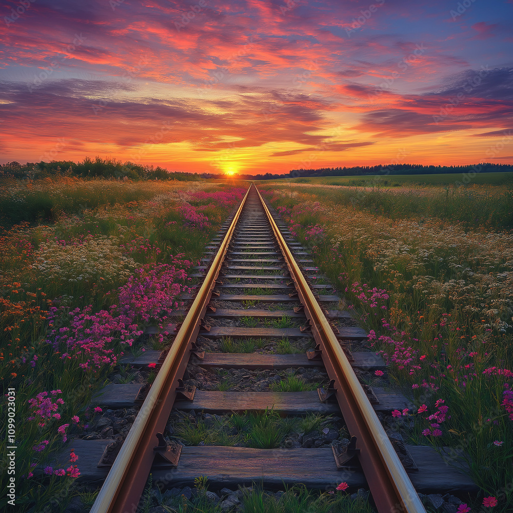 Obraz premium A lonely railroad track stretching into the horizon under a vibrant sunset