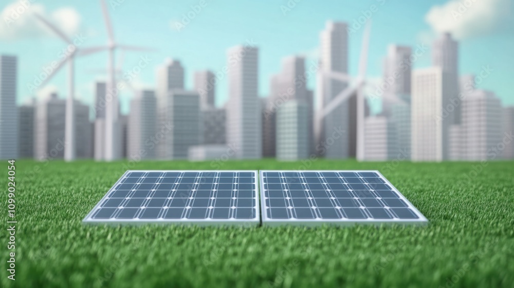 Fototapeta premium Modern Solar Panels on Green Grass With a City Skyline and Wind Turbines in the Background, Representing Clean Energy and Sustainable Development