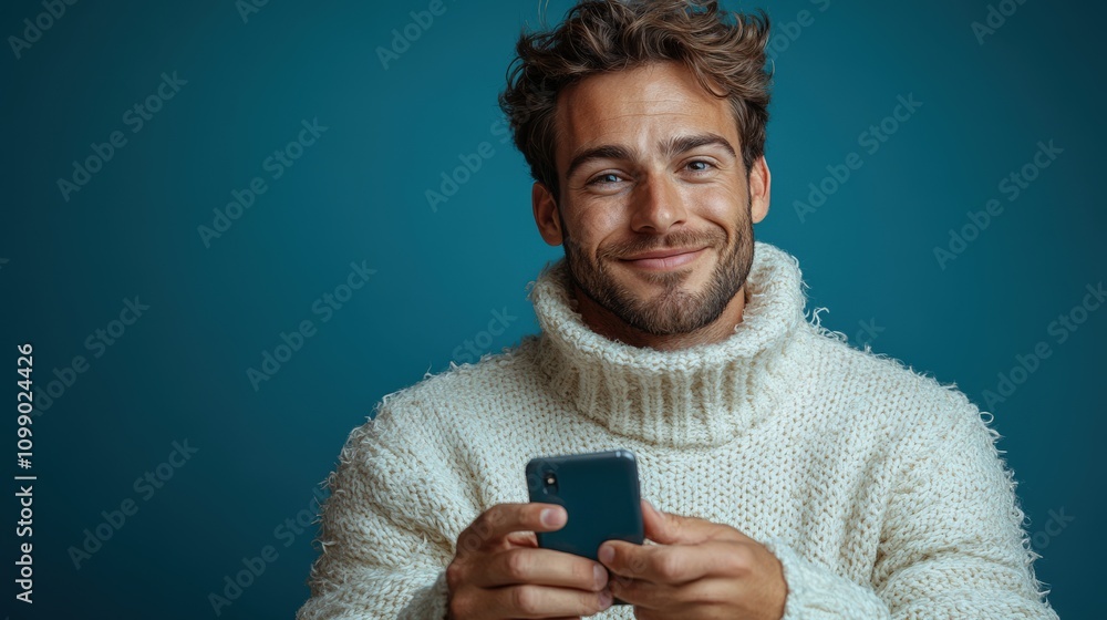 Fototapeta premium A smiling man in a cozy sweater holds a smartphone against a blue background.