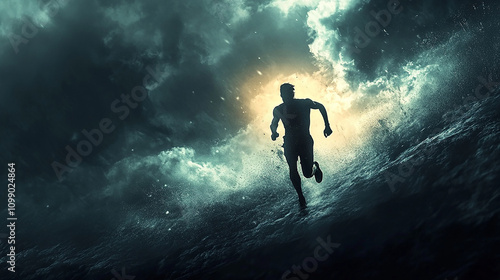 Wallpaper Mural A figure running through a storm with glowing light Torontodigital.ca