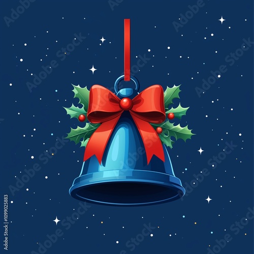 Ornate Blue Christmas Bell with Vibrant Red Bow and Holly, Hanging Elegantly in the Night Sky's Celestial Glow