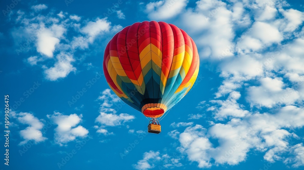 Obraz premium Colorful hot air balloon soaring through a vibrant blue sky dotted with fluffy white clouds.
