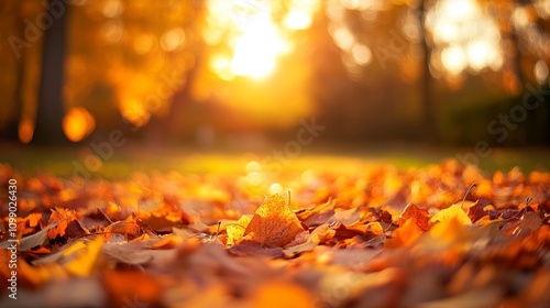 Wallpaper Mural Close-up of a carpet of fallen autumn leaves in a park with the sun shining through the trees in the background. Torontodigital.ca