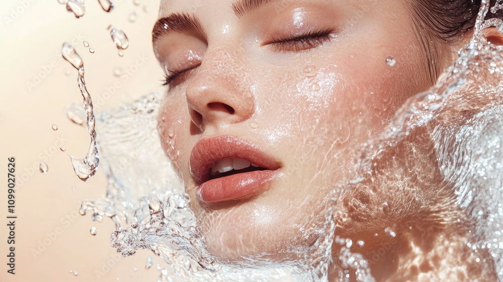 Fototapeta premium A close-up of radiant skin with a refreshing splash of crystal-clear water, droplets caught mid-air, symbolizing rejuvenation and purity.