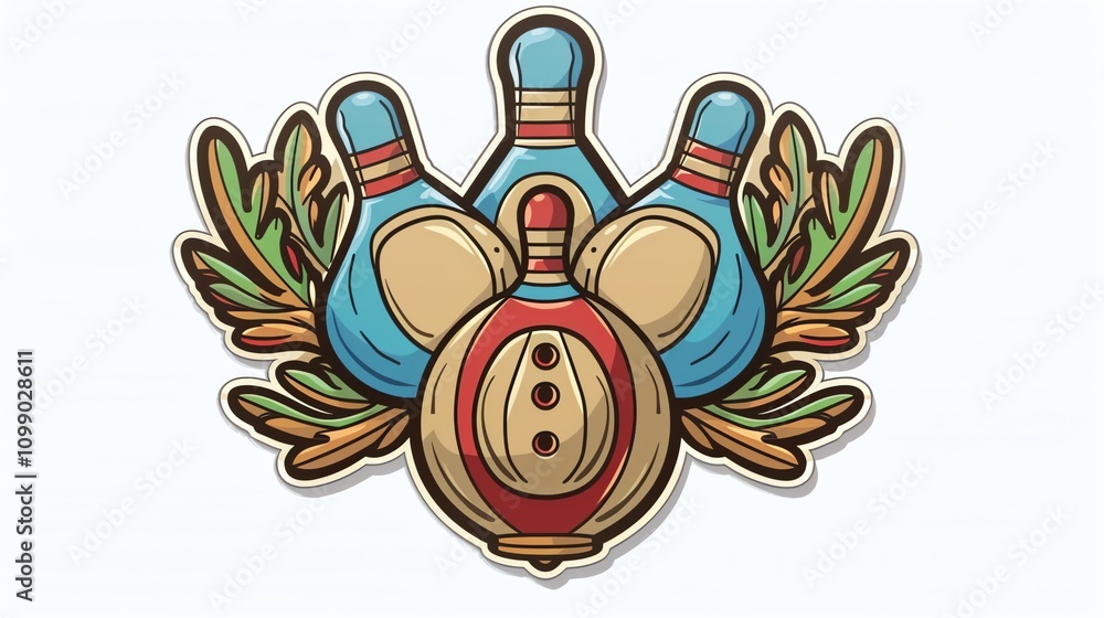 Fototapeta premium A cartoon illustration of bowling pins and a bowling ball.