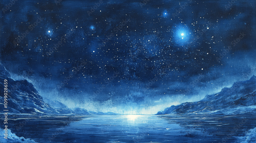 Obraz premium Above, the sky is a deepening shade of blue, dotted with stars and the soft glow of the moon.