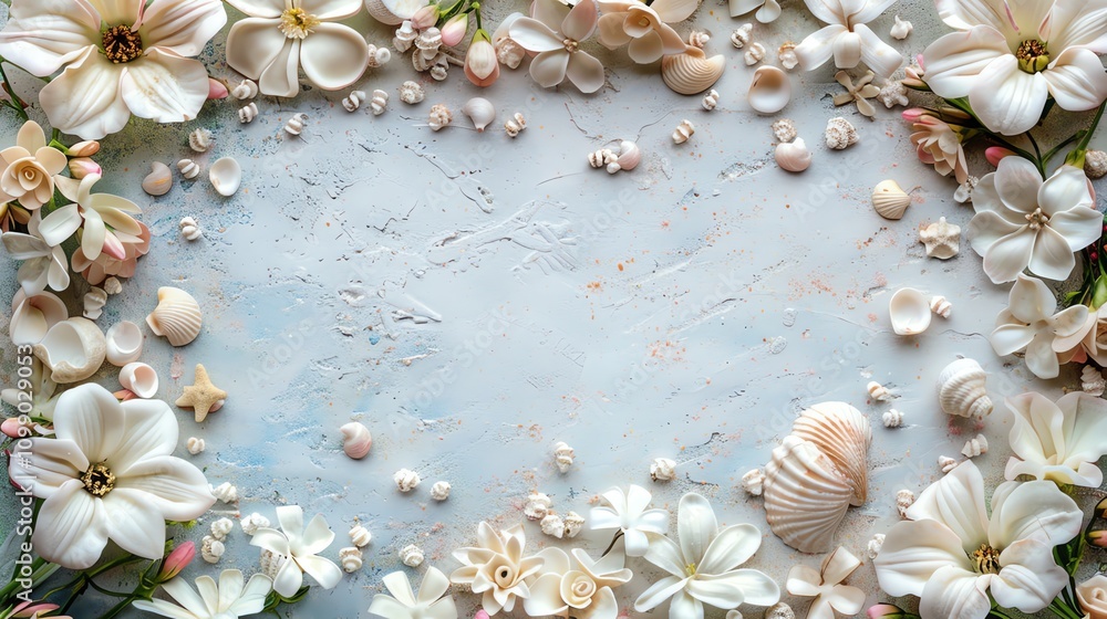 Fototapeta premium A flat lay of white flowers and seashells with a blue textured background.