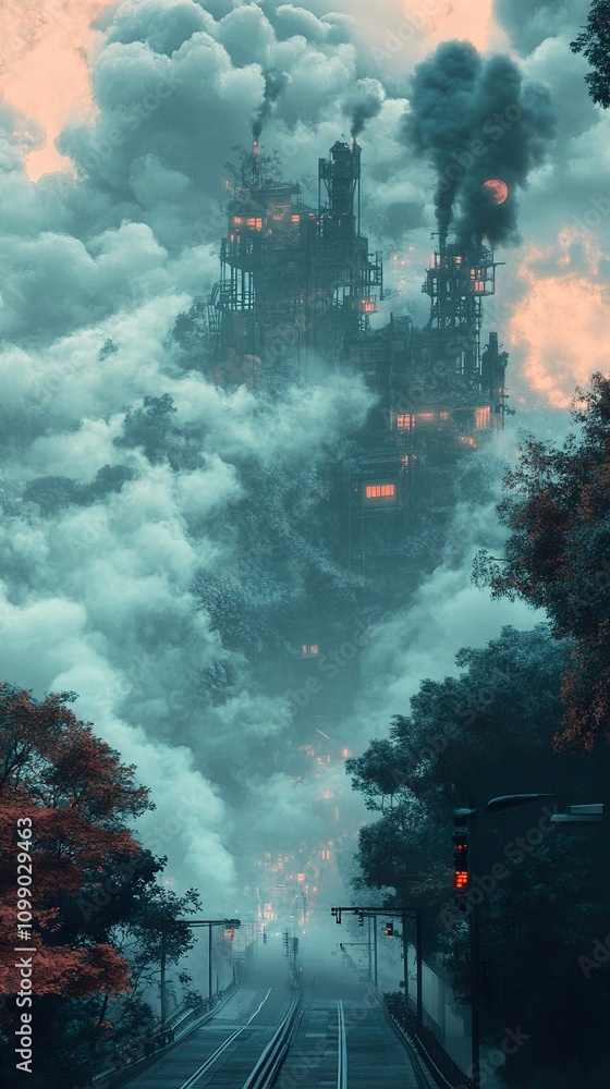 Naklejka premium Enigmatic Industrial Landscape: A City Among the Clouds