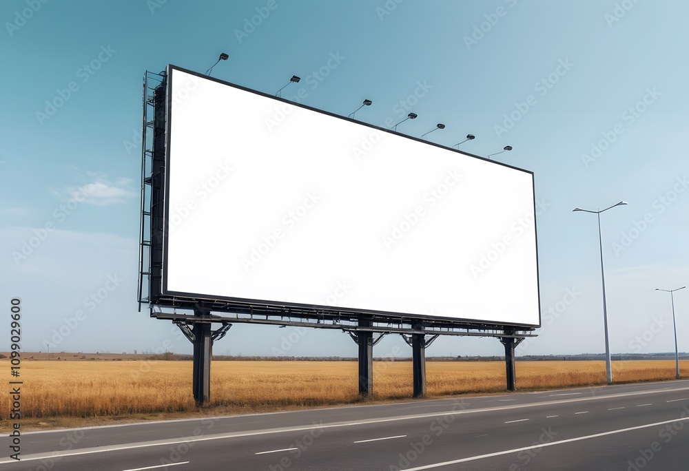 Obraz premium Large blank billboard by the road with field and blue sky
