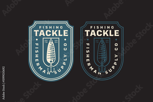 fishing lure with fish scales, fishing bait retro badge logo design set. fishing tackle, balsa float vintage emblem logo collection for fisherman, fishing equipment, sport and competition