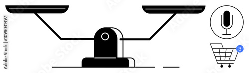 Balance scale with two plates, microphone icon, shopping cart icon with notification badge. Ideal for digital commerce, decision making, e-commerce, marketing, technology, communication, app