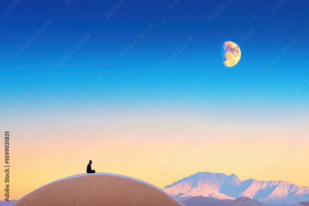 Obraz premium Contemplative meditation under the moonlight desert landscape serenity